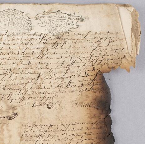 Détail d'une minute du notaire Jean Dutartre (XVIIIe siècle ; Paris, Minutier central des notaires de Paris, Archives nationales) - Photo : INP Détail d'une minute du notaire Jean Dutartre (XVIIIe siècle ; Paris, Minutier central des notaires de Paris, Archives nationales) - Photo : INP